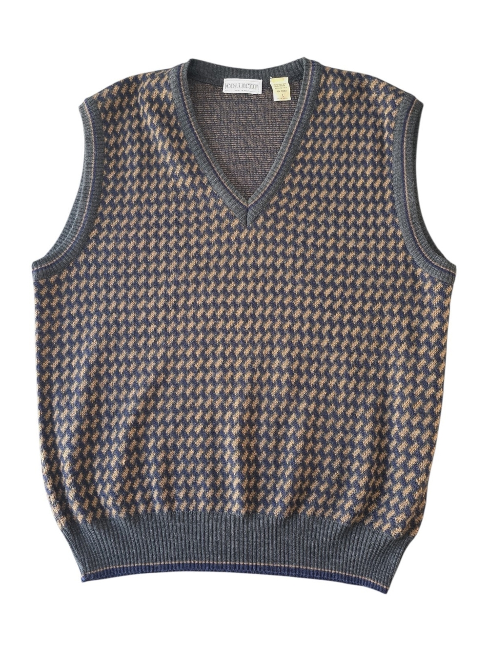 Collectif Men's Blue and Brown Houndstooth V-Neck Sweater Vest